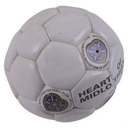 Four signed balls, including golf ball, signed at 2002 British open by Bernard Langer, Uni-Ball Basket Ball, signed by Edinburgh Rocks team 1998/99, football signed by Heart of Midlothian team, signed baseball and an unsigned Gunn & Moore cricket ball