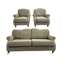 Two seat traditional style sofa (W188cm), and pair of matching armchairs (W90cm), upholstered in grey herringbone fabric, on bun feet with brass castors