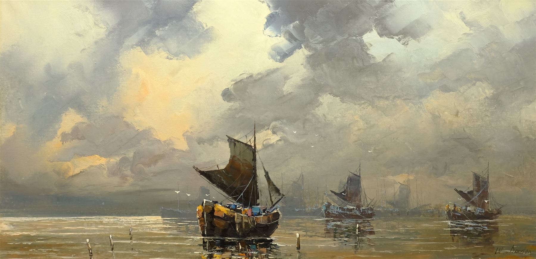 Continental School (20th century): Returning to Harbour, oil on canvas indistinctly signed 60cm x 120cm