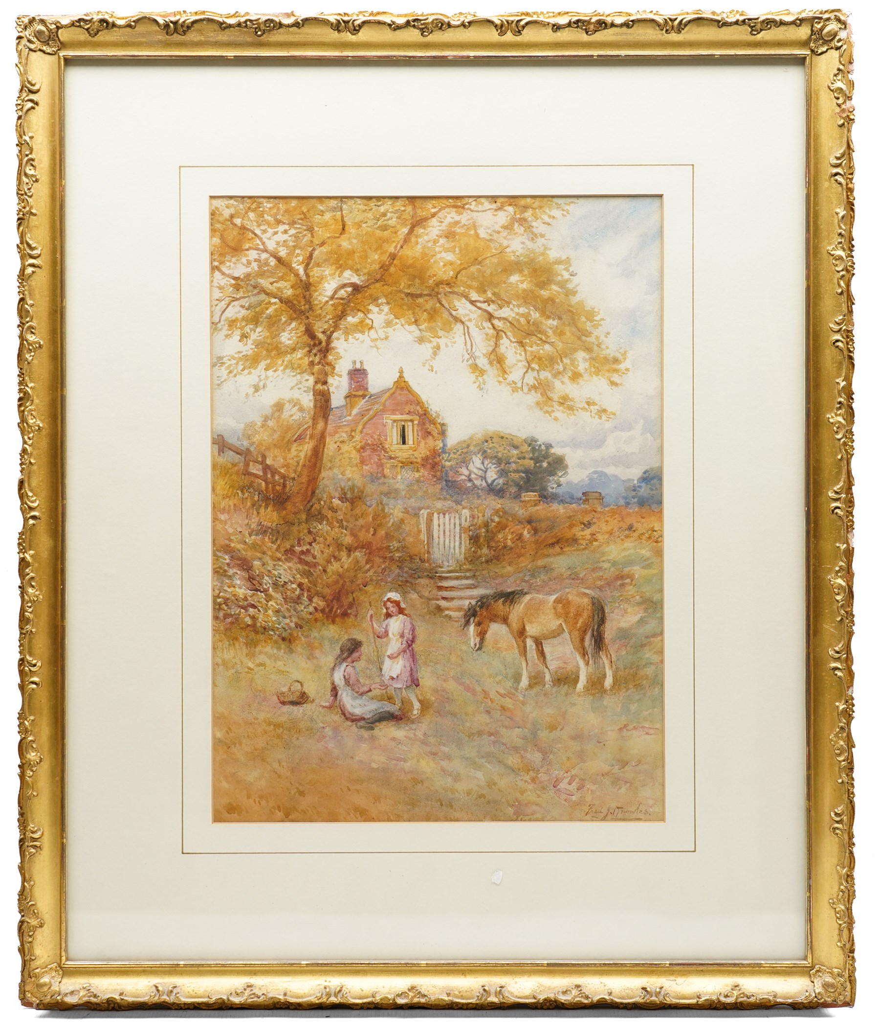 Frederick James Knowles (British 1874-1931): Young Girls and Horse in a Paddock, watercolour signed 42cm x 30.5cm