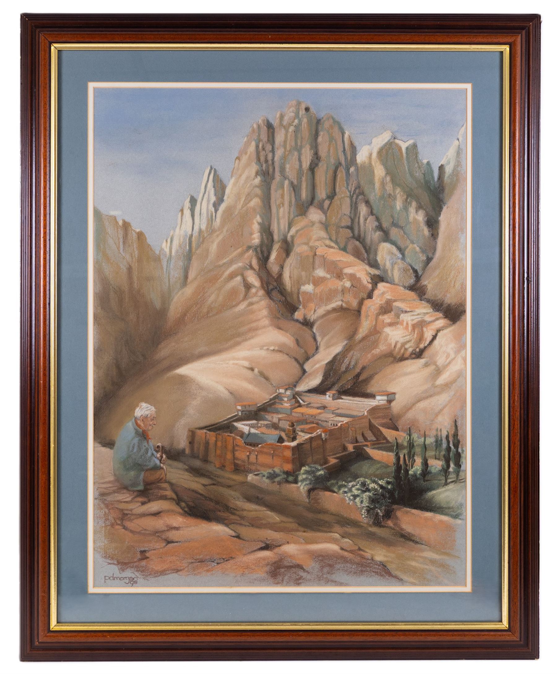 Penny Morgan (British 20th Century): 'Contemplation at Saint Catherine's Monastery under Mount Sinai', pastel signed and dated '98, titled verso 69cm x 52cm 