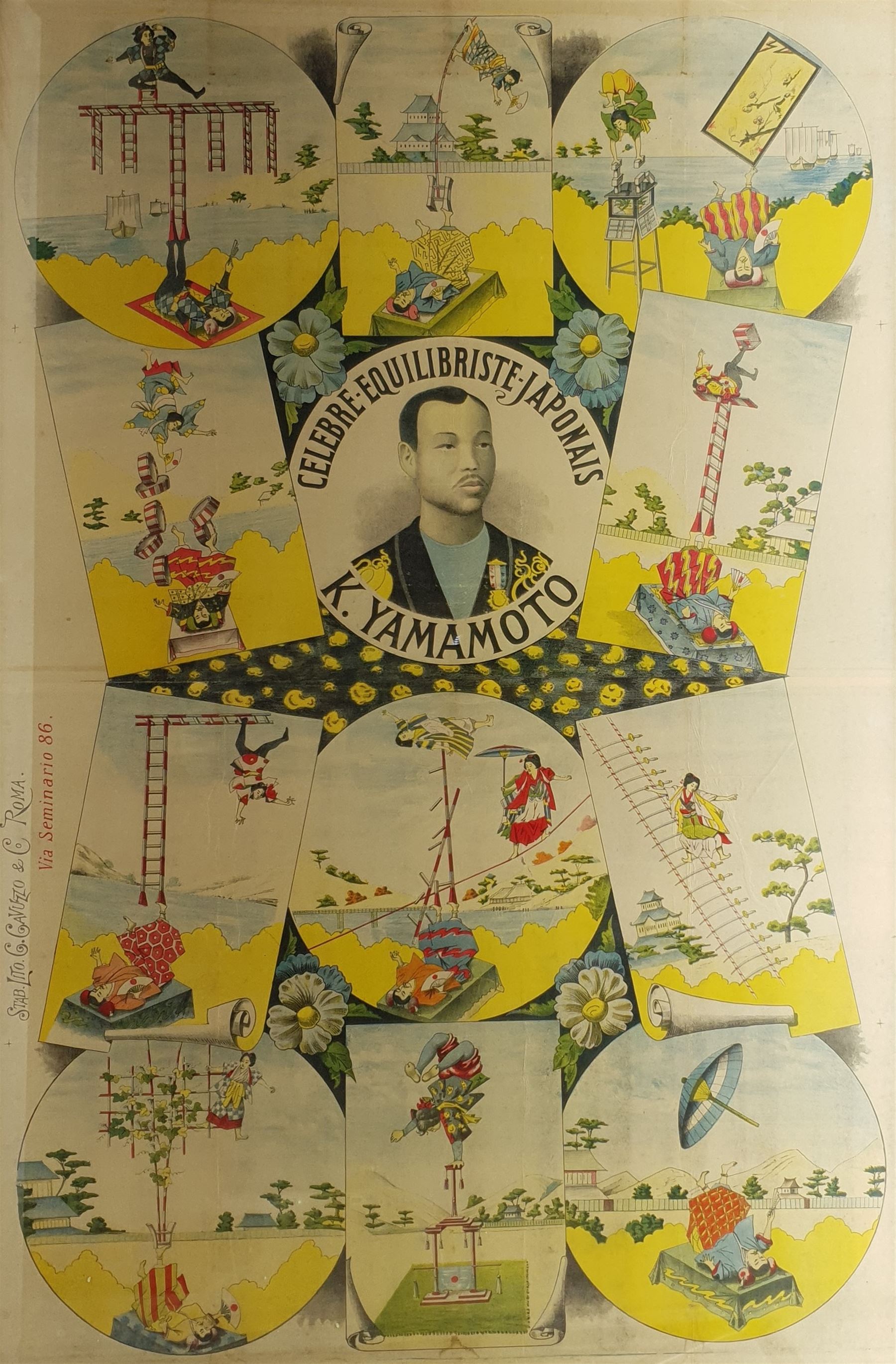After Kanae Yamamoto (Japanese 1882-1946): 'Celebre Equilibriste Japonais', very large mid-20th century Italian exhibition poster 157cm x 104cm