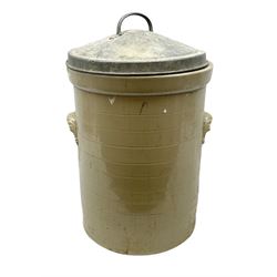 Stoneware flour bin with twin handles and a metal lid, H44cm