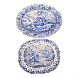 Early 19th Century Spode Caramanian series serving dish, printed in blue and white with the Triumphal Arch at Tripoli in Barbary, reserved within a running border of Indian sporting animals, together with Rogers Camel pattern platter and plate, Adams Lions plate and Davenport platter, largest platter L43cm 