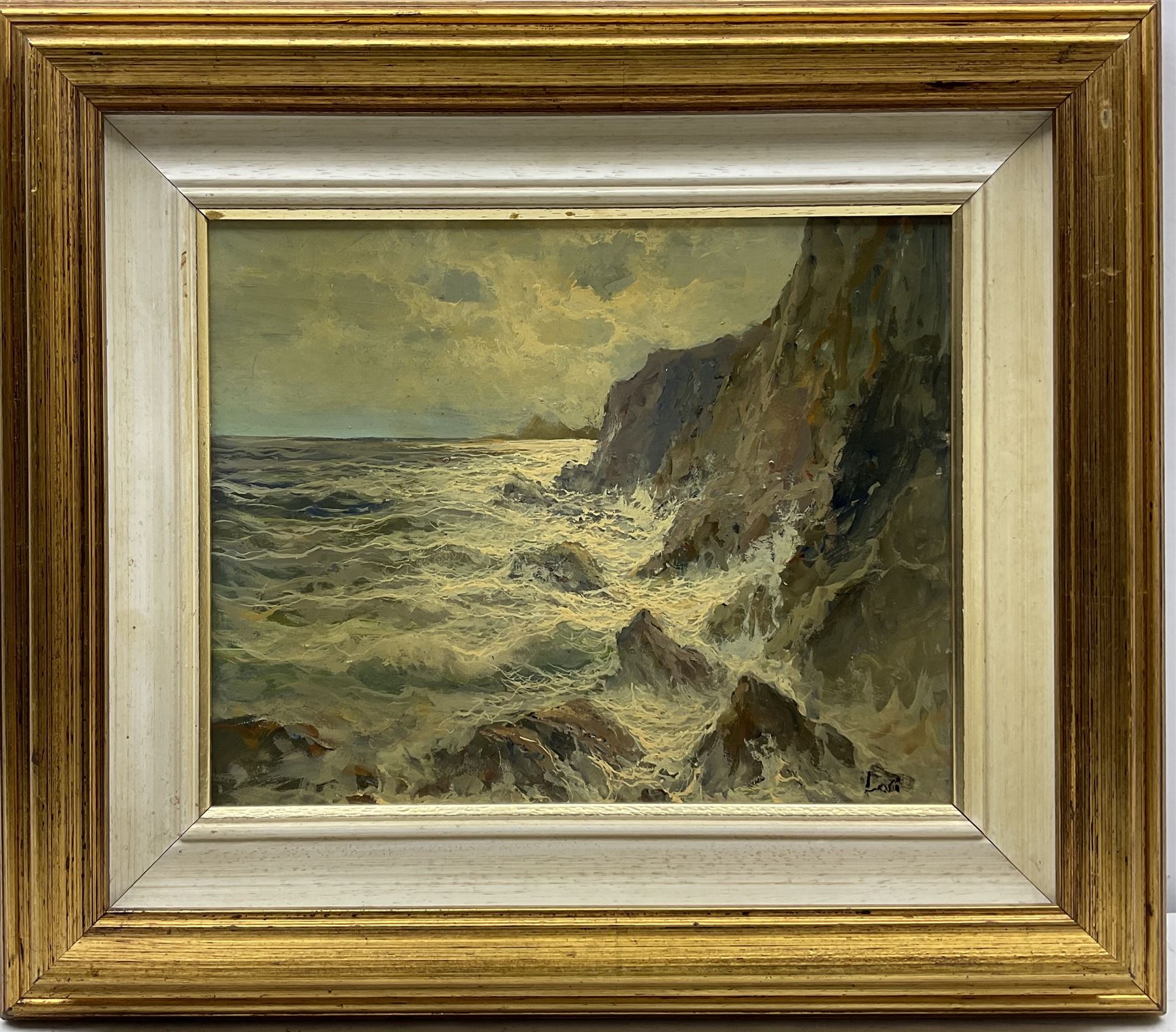 Lori (Italian 20th century): 'Mareggiata' on a Rocky Coastline, oil on board signed, titled on exhibition label verso 23cm x 29cm