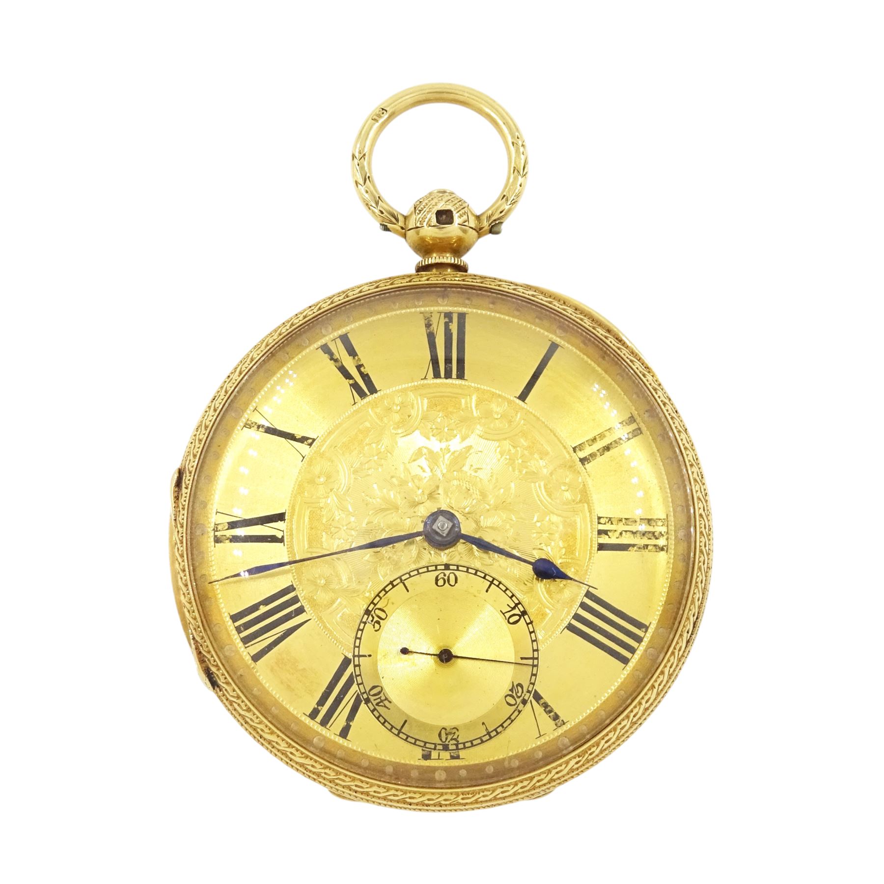 Victorian 18ct gold open face fusee lever pocket watch by E & J Seiger Brothers, Greenock, No. 4315, gilt dial with Roman numeral hour markers and subsidiary seconds dial, case with engraved decoration makers mark JY, London 1872