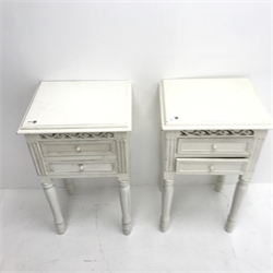 Pair French style bedside chests, white painted finish, two drawers, turned tapering supports, W40cm, H71cm, D32cm