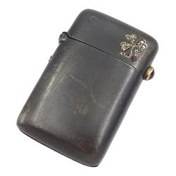 Late 19th/early 20th century continental gun metal vesta case with diamond flower decoration and a cabochon sapphire push thumbpiece