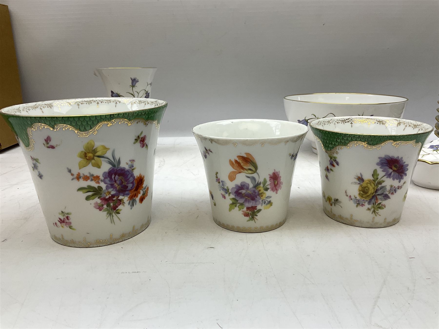 Spode Campanula pattern tulip vase, footed bowl and covered trinket dish, together with six Jlmenau dishes and three other vases 