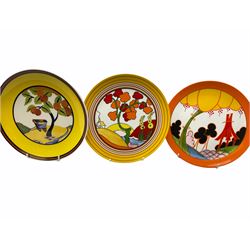 Seven limited edition Wedgwood Clarice Cliff plates, comprising Orange Roof Cottage, Caravan, Windmill, Windbells, Summerhouse, Honolulu and Bridgewater D20.5cm. 