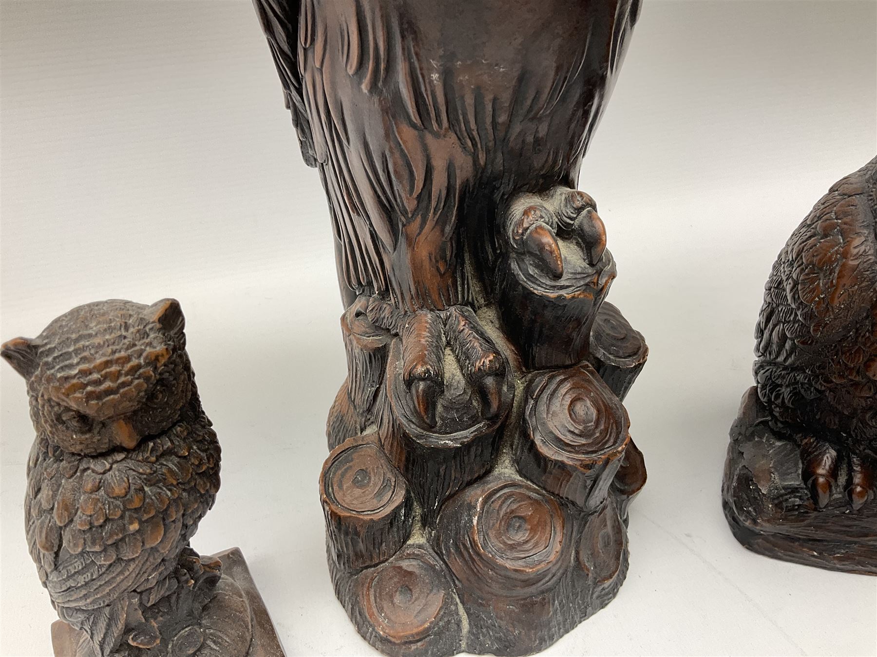 Three Priory Castings composite figures of owls, largest example H40cm