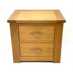 Light oak two drawer lamp table, square supports 
