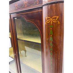 Edwardian mahogany display cabinet, shaped front with painted ribbon and bellflower garland decoration, enclosed by two glazed doors, cabriole supports