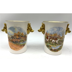  A collection of hunting related items, comprising a pair of Caverswall beakers, each with twin gilt fox head handles, H11.5cm, a limited edition Spode cabinet place depicting 'Drawing the Dingle' after J F Herring Sen, D24cm, and a set of six French shot glasses, decorated with huntsmen on horseback and hounds, H5.5cm.  