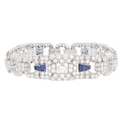 Art Deco platinum milgrain set old cut diamond and calibre cut Burmese sapphire link bracelet, the three principal diamonds each approx 0.50 carat, total diamond weight approx 13.00 - 14.00 carat, stamped Pt, circa 1925, in fitted box by Licht & Morrison, London