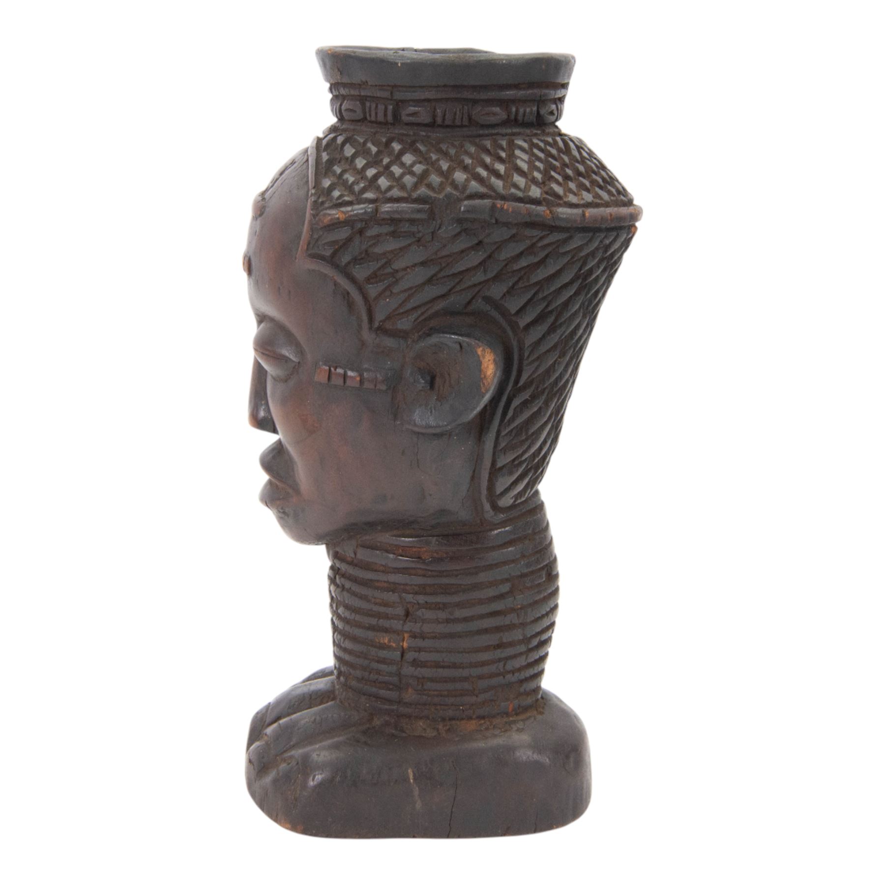 Kuba cup, African carved wood wine cup in the form of a female head, H31cm