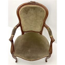 French style armchair, upholstered back, seat and arms, cabriole legs
