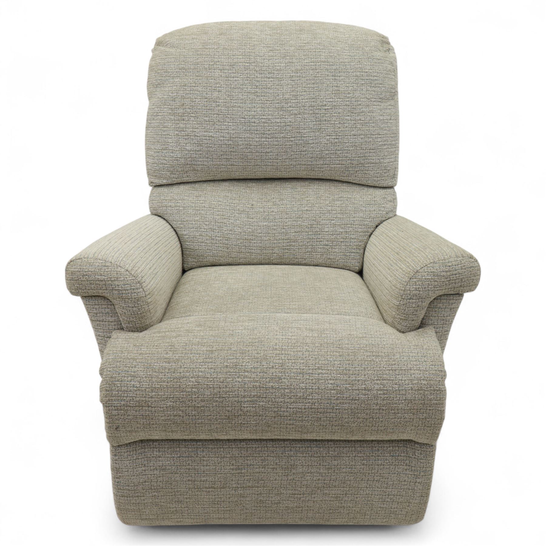 Sherborne - Pair of armchairs, in grey chenille fabric upholstery with fixed cushions and upholstered scroll arms, on castors