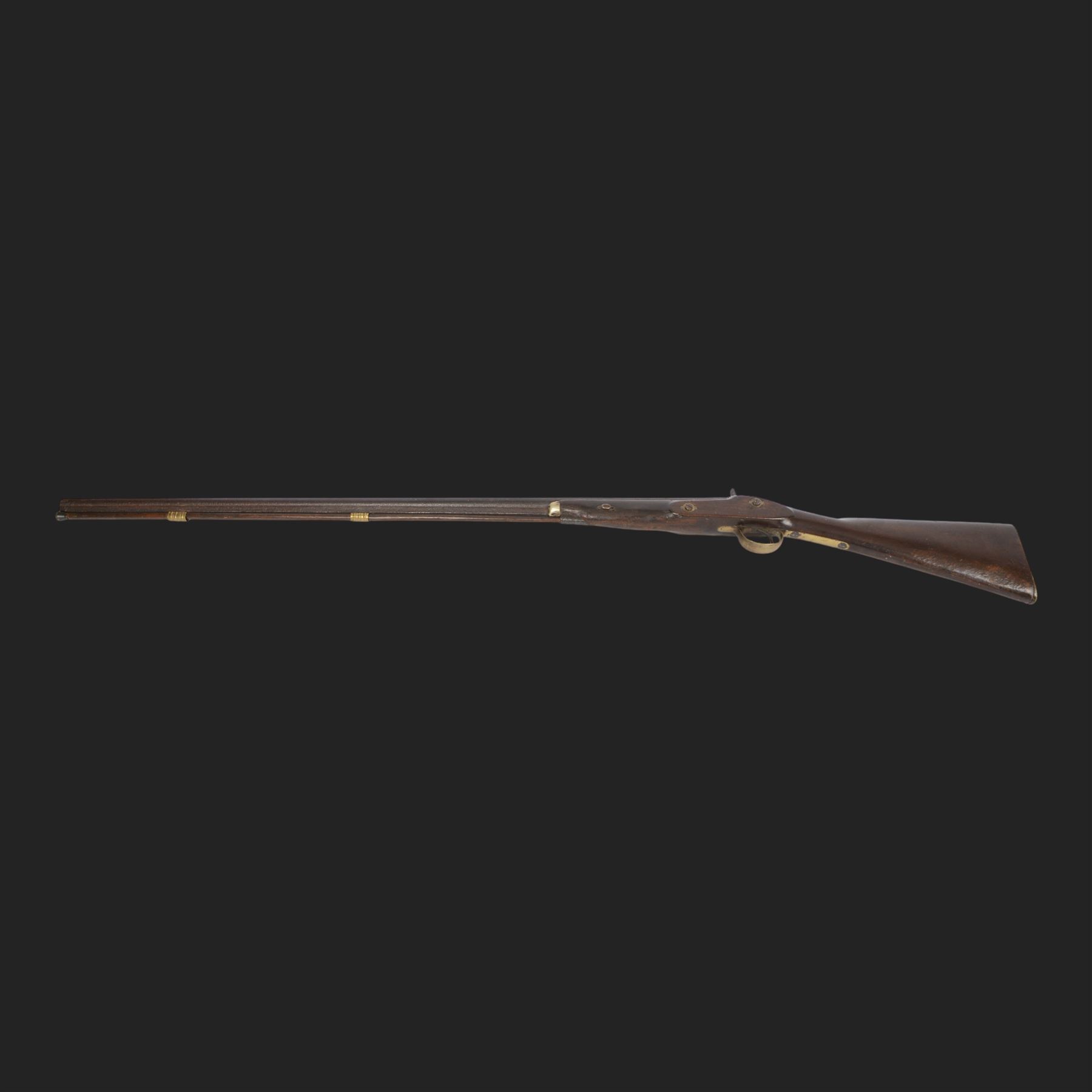 19th century muzzle loading British Naval percussion musket, the 39inch barrel with ramrod beneath, lock marked 1858, stock stamped with brass butt plate, overall L140cm  