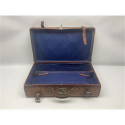 Late 19th/early 20th century stitched and studded leather portmanteau type suitcase with expanding lid and straps, L61cm