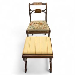 William IV X-frame rosewood stool with upholstered drop-in seat and a Regency simulated rosewood and brass inlaid dining chair with drop-in seat worked in floral needlepoint, W43xD43xH43cm & W46xD40xH79, (2)