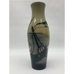 Moorcroft Whitby Harbour vase, 2017, trial vase of slender baluster form, tubelined and painted in bright colours with a view of Whitby town and harbour, impressed and painted marks beneath, H26cm 