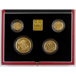 Queen Elizabeth II Royal Mint 'The 2000 United Kingdom Gold Proof Four-Coin Sovereign Collection' five pounds, two pounds, full and half sovereigns, cased with certificate, number 88/1000