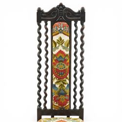 19th century Carolean design oak hall chair, carved cresting rail over barley-twist uprights, high back and loose seat upholstered in wool-work foliate tapestry (W46cm H116cm); 19th century elbow chair mahogany with spiral turned centre rail and roundel-applied frieze (W56cm H85cm)