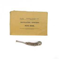 Navigating Officer's Note Book, with the gunnery notes made on H.M.S Excellent, together with Bosun whistle with broad arrow marks 
