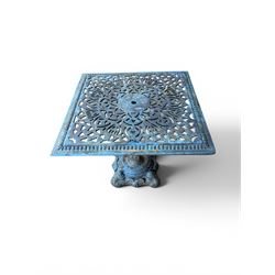 Victorian revival ornate cast iron garden table, pierced square top, pedestal base, finished in distressed blue paint
