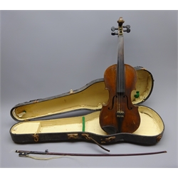  Late 19th century German violin c1880 with 35.5cm two-piece maple back and ribs and spruce top, L58.5cm overall, in poor condition carrying case with bow  
