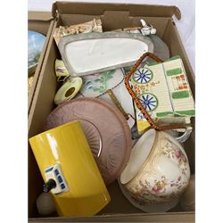 Royal Worcester tea cup and saucer, Royal Doulton Christmas Day 2001 figure and a collection of other ceramics, glassware and collectables, in five boxes 