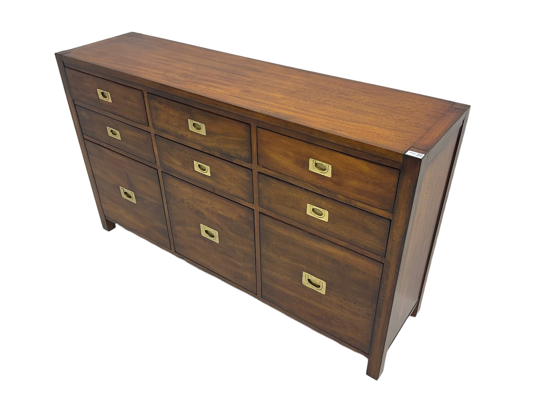 Cherrywood military style sideboard chest, fitted with nine drawers with recessed brass handles