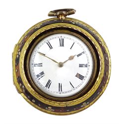 18th century gilt metal triple cased verge fusee pocket watch by Wilkie & Co, London,  No. 3781, round baluster pillars, engraved and pierced balance cock, white enamel dial with Roman numerals, bull's eye glass, underpainted horn inner case, depicting a lady with hay rake in a rural landscape, the outer tortoise covered case with gilt pique work 
