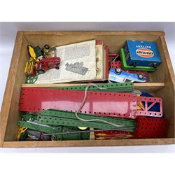 Mamod small stationary steam plant with circular saw bench and grinder mounted on long wooden board L107cm; and quantity of predominantly red/green Meccano in wooden box with die-cast models etc