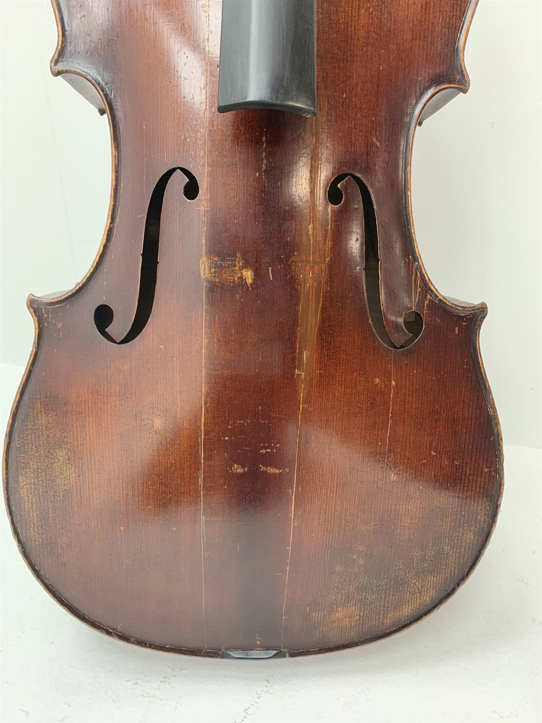  Mid-19th century German cello with 76cm two-piece maple back and ribs and spruce top, bears label Franz Janisch, Wein, VII Neubrugasse 184(?), 124cm overall, in modern soft carrying case   