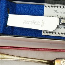 Silver fish knife, Sheffield 1915, two silver decanter labels, Whisky and Sherry, small silver circular box, three silver handled serving implements and glass jar with silver cover 