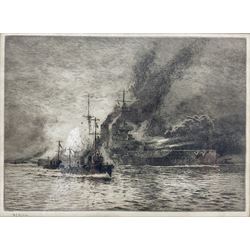 William Lionel Wyllie (British 1851-1931): HMS Queen Elizabeth at the Dardanelles, drypoint etching signed in pencil 22cm x 30cm