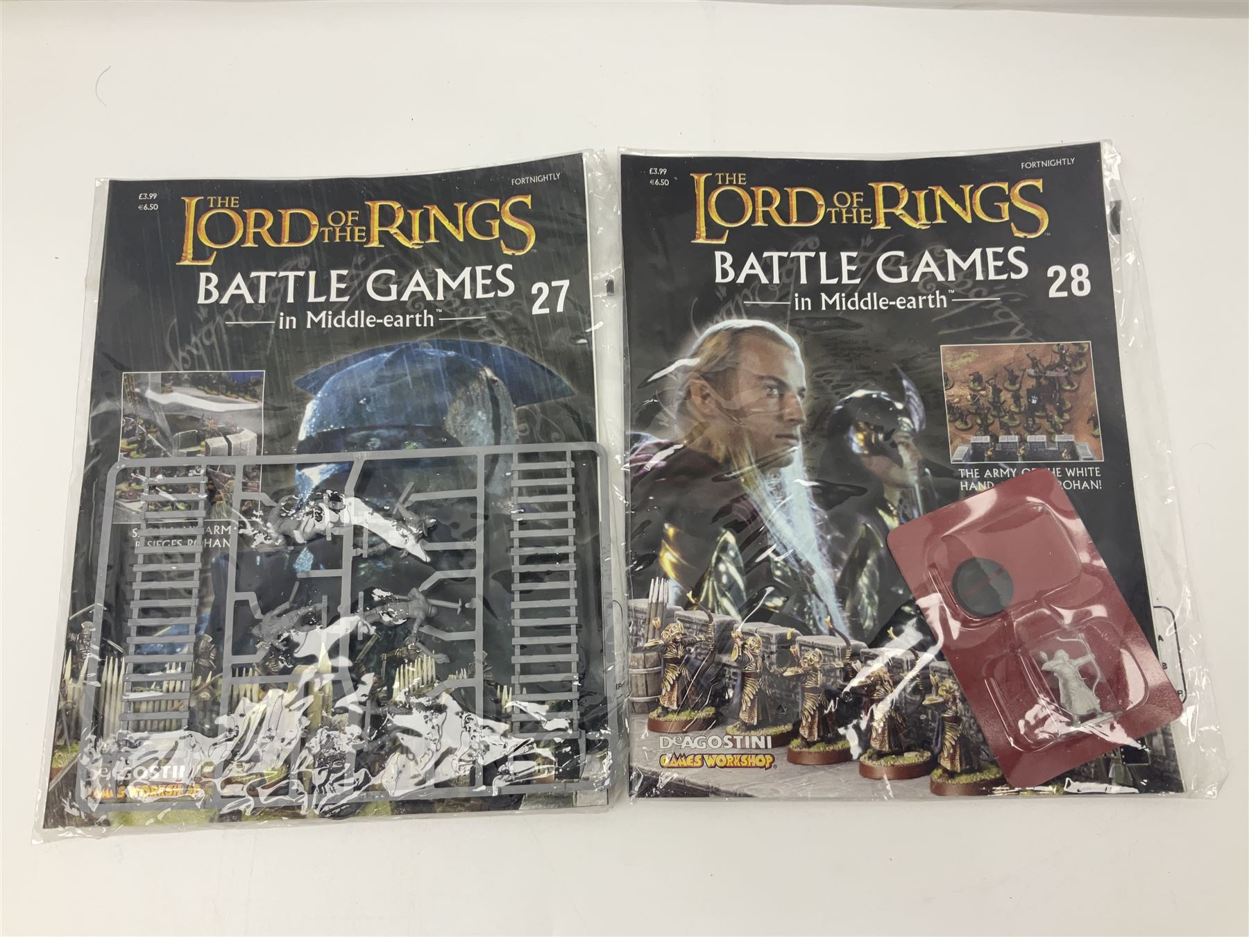 DeAgostini Lord of the Rings Battle Games in Middle-Earth magazines, issues 1 - 28 (lacking no.2), with models, all but one unopened, unbuilt and unpainted (27)