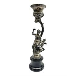 Silver plated centrepiece, the stem modelled as Diana disarming Cupid, upon an ebonised wooden base, H36.5cm