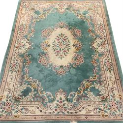 Large Chinese wash woollen turquoise ground rug carpet, 358cm x 255cm