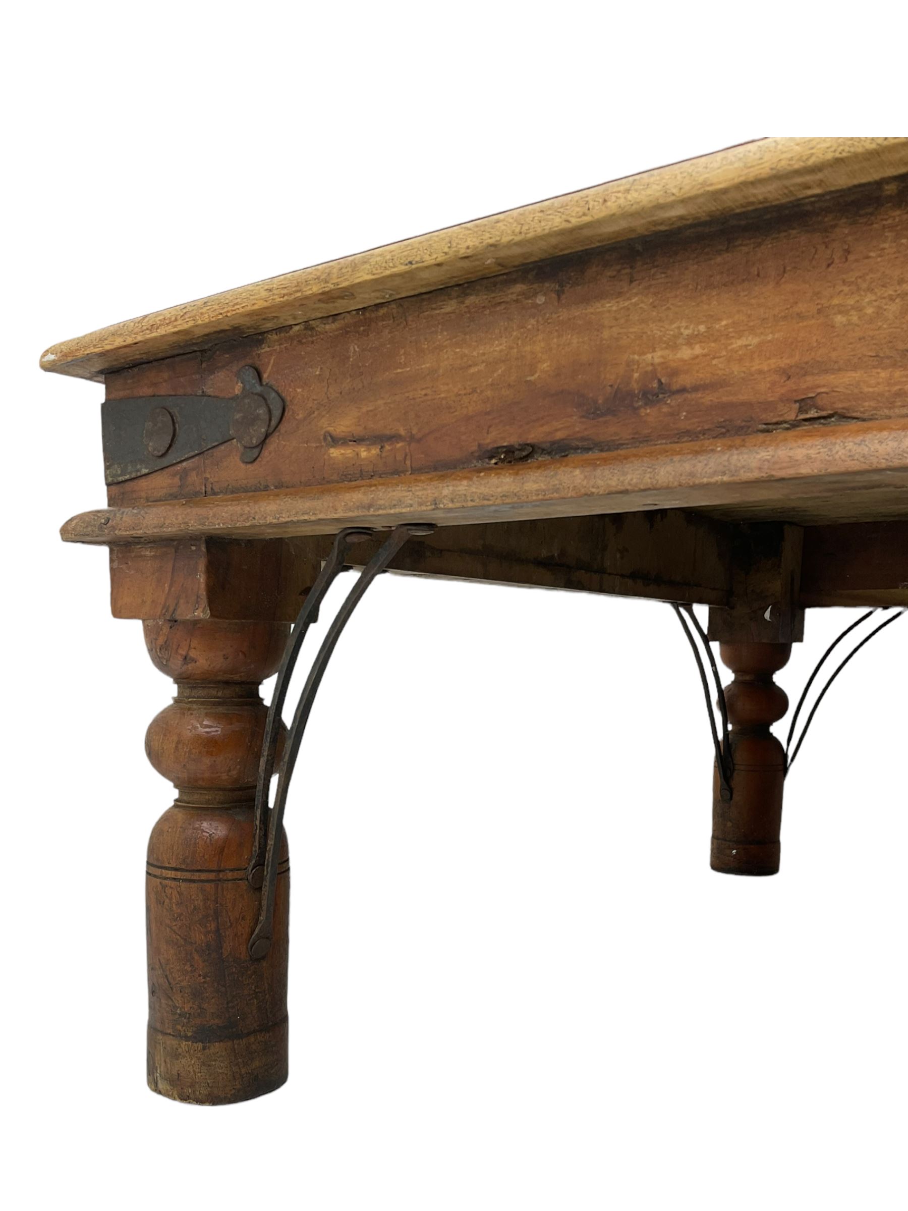 Mexican pine rectangular coffee table, metal strap-work, turned legs