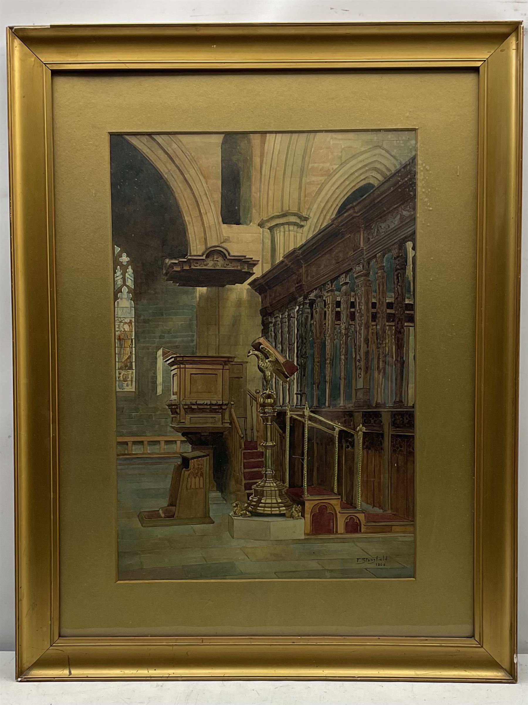F Stansfield (British 19th/20th century): Church Interior, watercolour signed and dated 1909, 55cm x 38cm