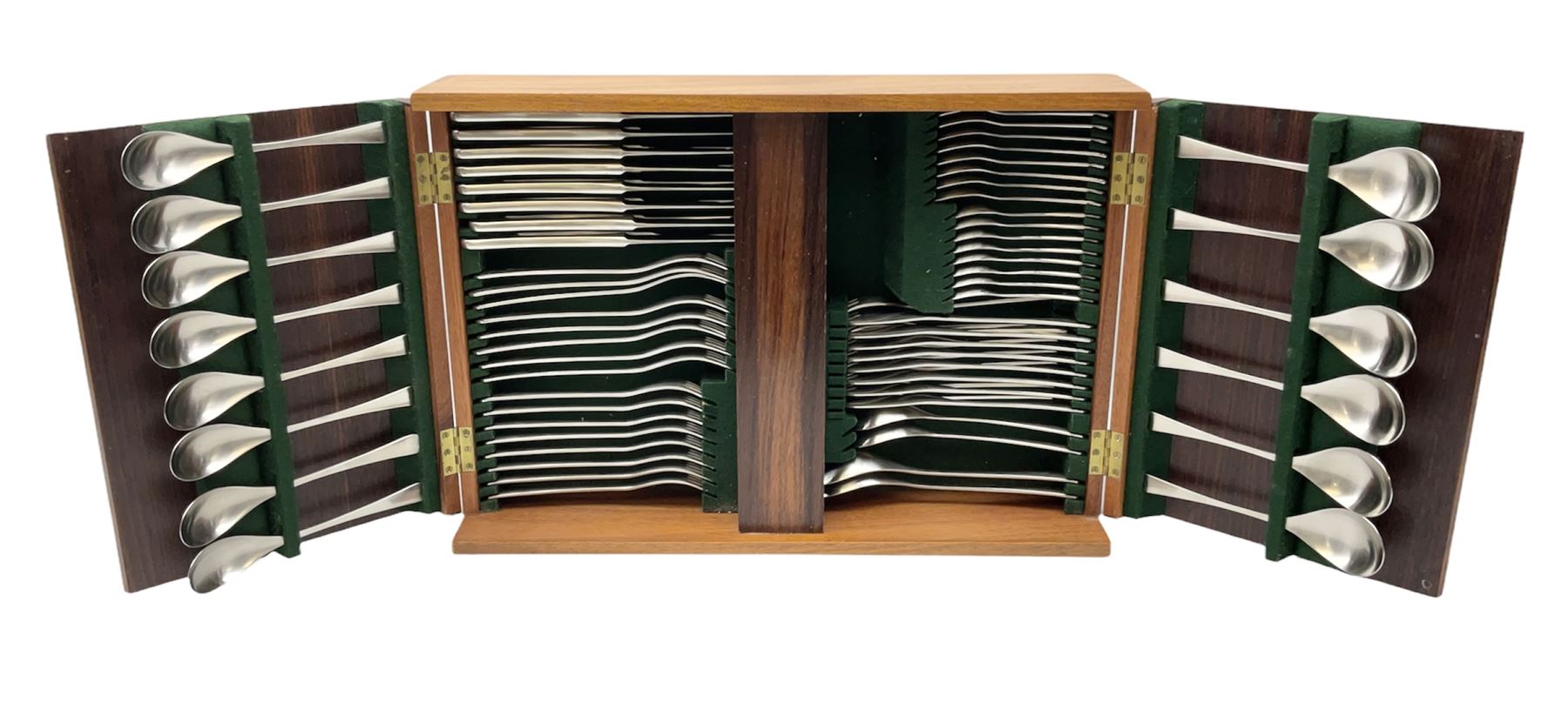 Old Hall Alveston pattern cased canteen, designed by Robert Welch, setting for eight, comprising dinner forks, dinner knives, dessert forks, dessert knives, tea spoons, coffee spoons, soup spoons, dessert spoons, pair of serving spoons and pair of smaller serving spoons