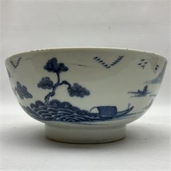 Late 18th century Chinese Export blue and white bowl painted landscape and pagoda scene, D19cm