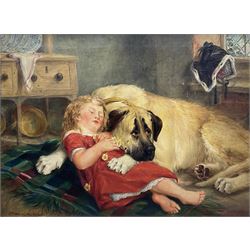 Edwin Frederick Holt (British 1830-1912): Girl and Hound Resting in Cottage, oil on canvas signed and dated 1879 and inscribed 'Prize Medal RA' 50cm x 68cm