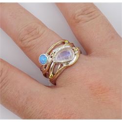 Silver and 14ct gold wire moonstone and opal ring, stamped 925