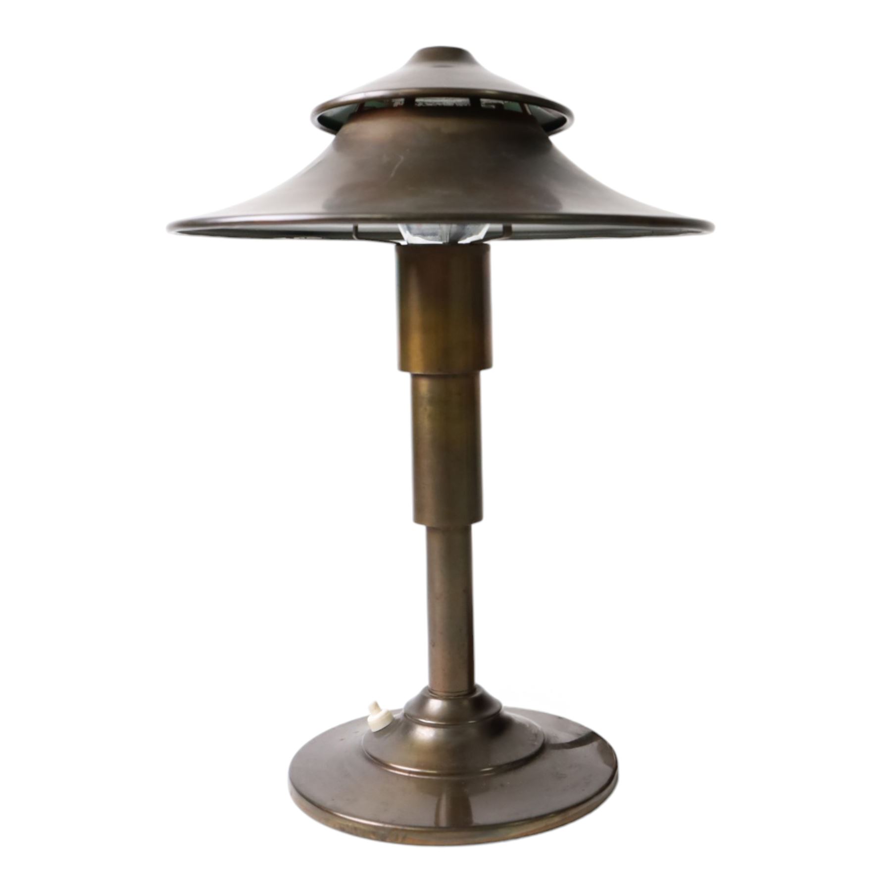Art Deco Pagoda lamp, by Leroy Doane for Miller Lamp Company, circa 1930, with double canopy shade, marked Miller Lamp Company beneath, H40cm