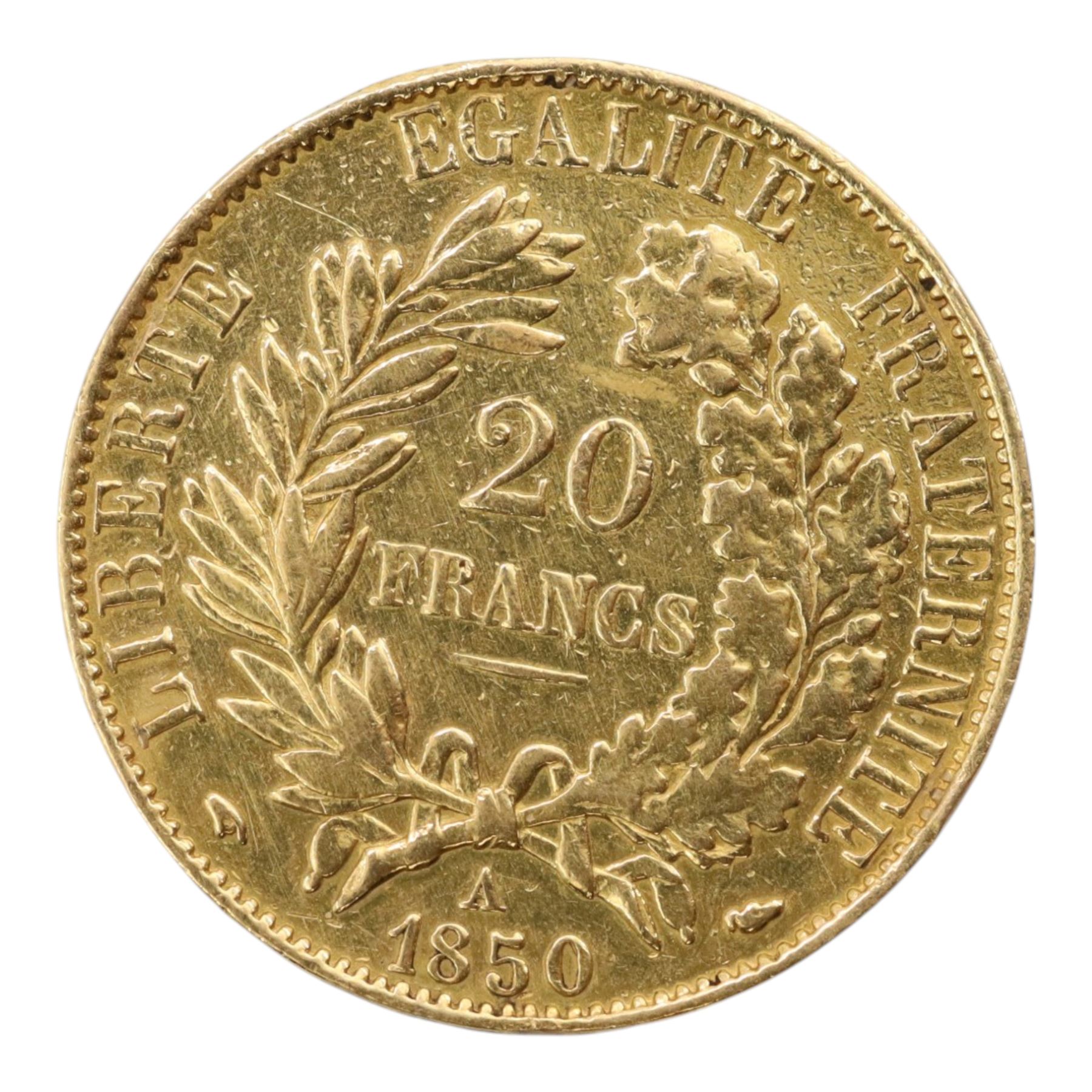 France 1850 gold twenty franc coin