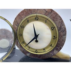 Art Deco style marble and anodised spelter three-piece clock garniture, model with recumbent gazelle, centre piece L52cm.  